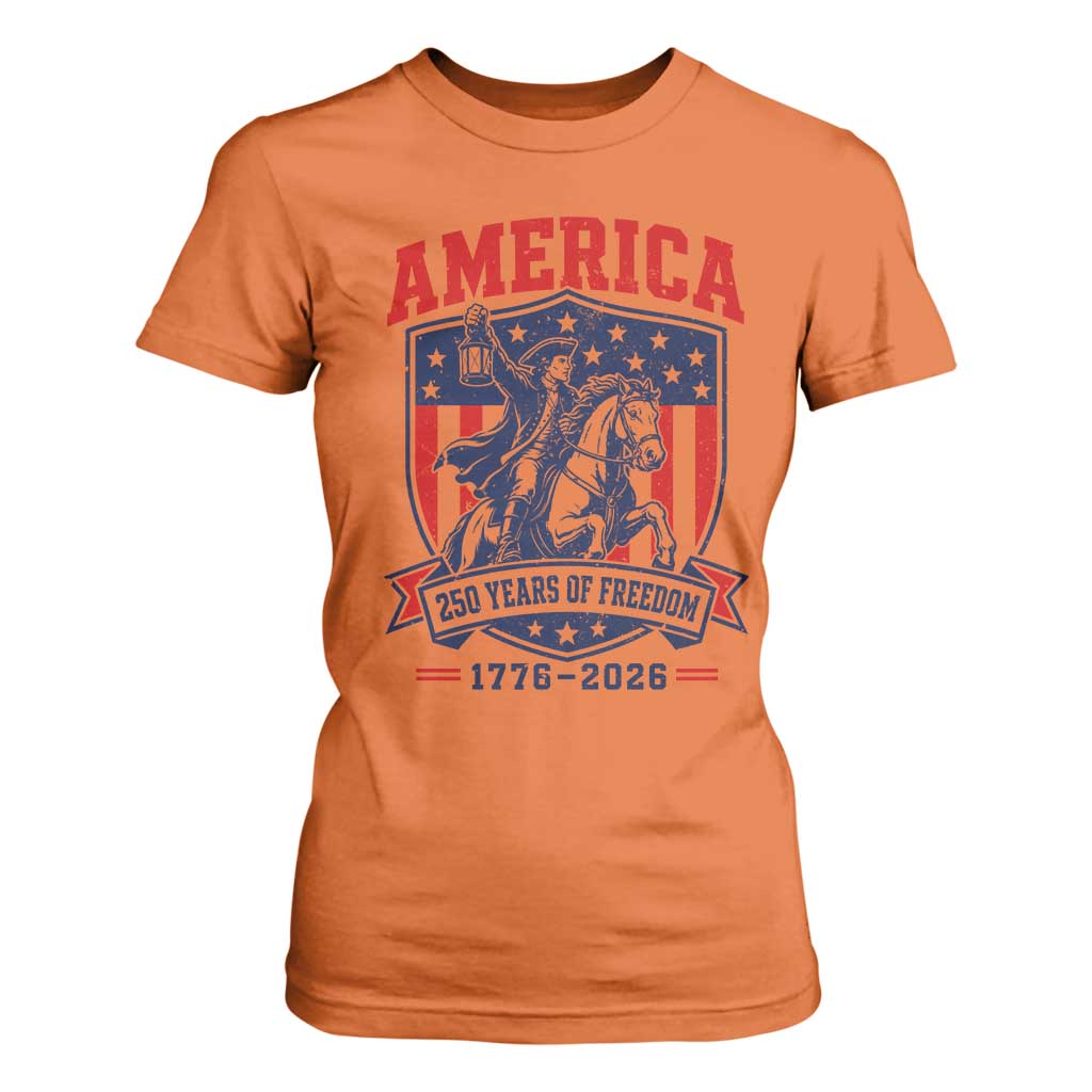250 Years of Freedom Paul Revere Midnight Ride T Shirt For Women Patriotic Historical Revolution American Flag Shield