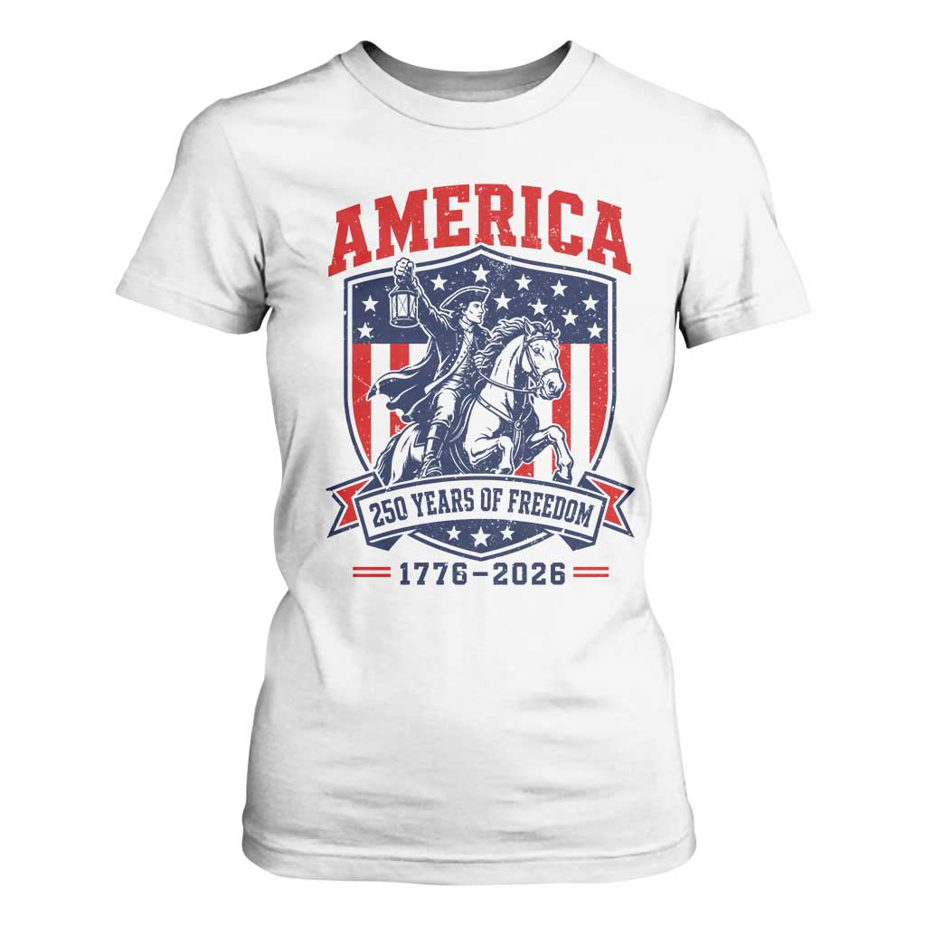 250 Years of Freedom Paul Revere Midnight Ride T Shirt For Women Patriotic Historical Revolution American Flag Shield
