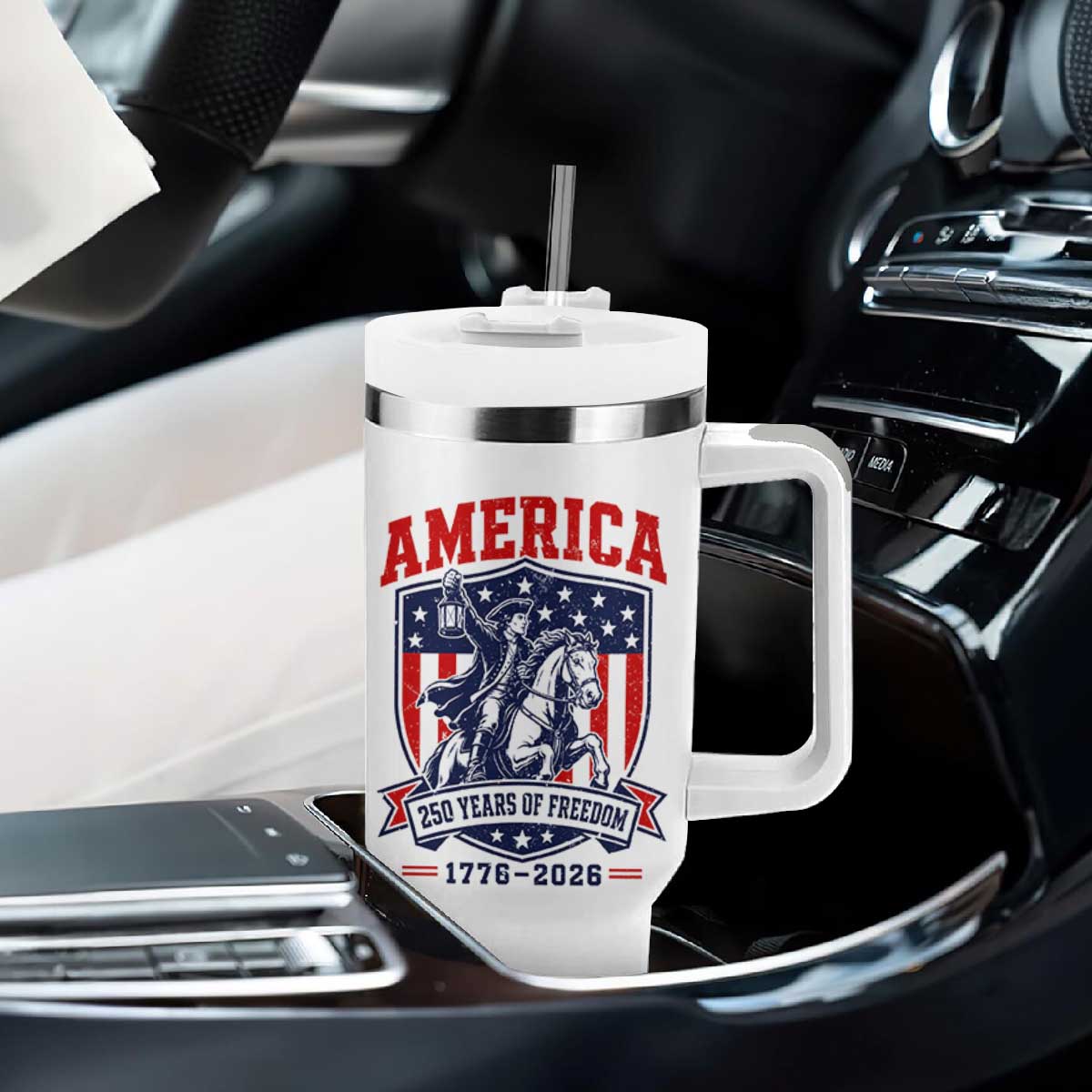 250 Years of Freedom Paul Revere Midnight Ride Tumbler With Handle Patriotic Historical Revolution American Flag Shield TS02 Print Your Wear