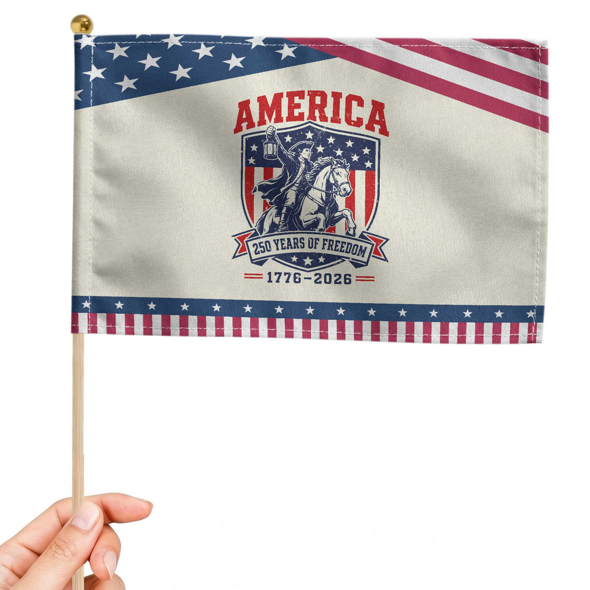 250 Years of Freedom Paul Revere Midnight Ride Patriotic Handheld Flag Historical Revolution American Flag Shield