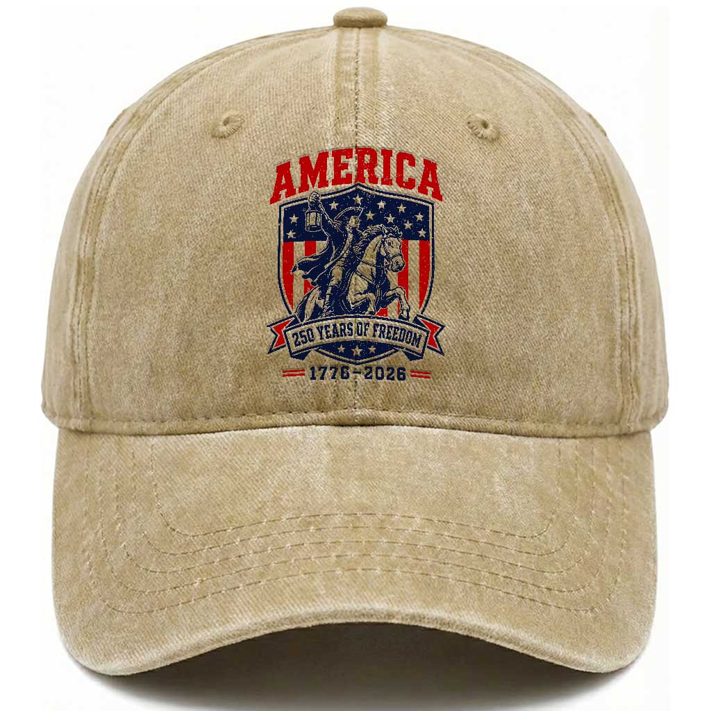 250 Years of Freedom Paul Revere Midnight Ride Washed Cotton Baseball Cap Patriotic Historical Revolution American Flag Shield