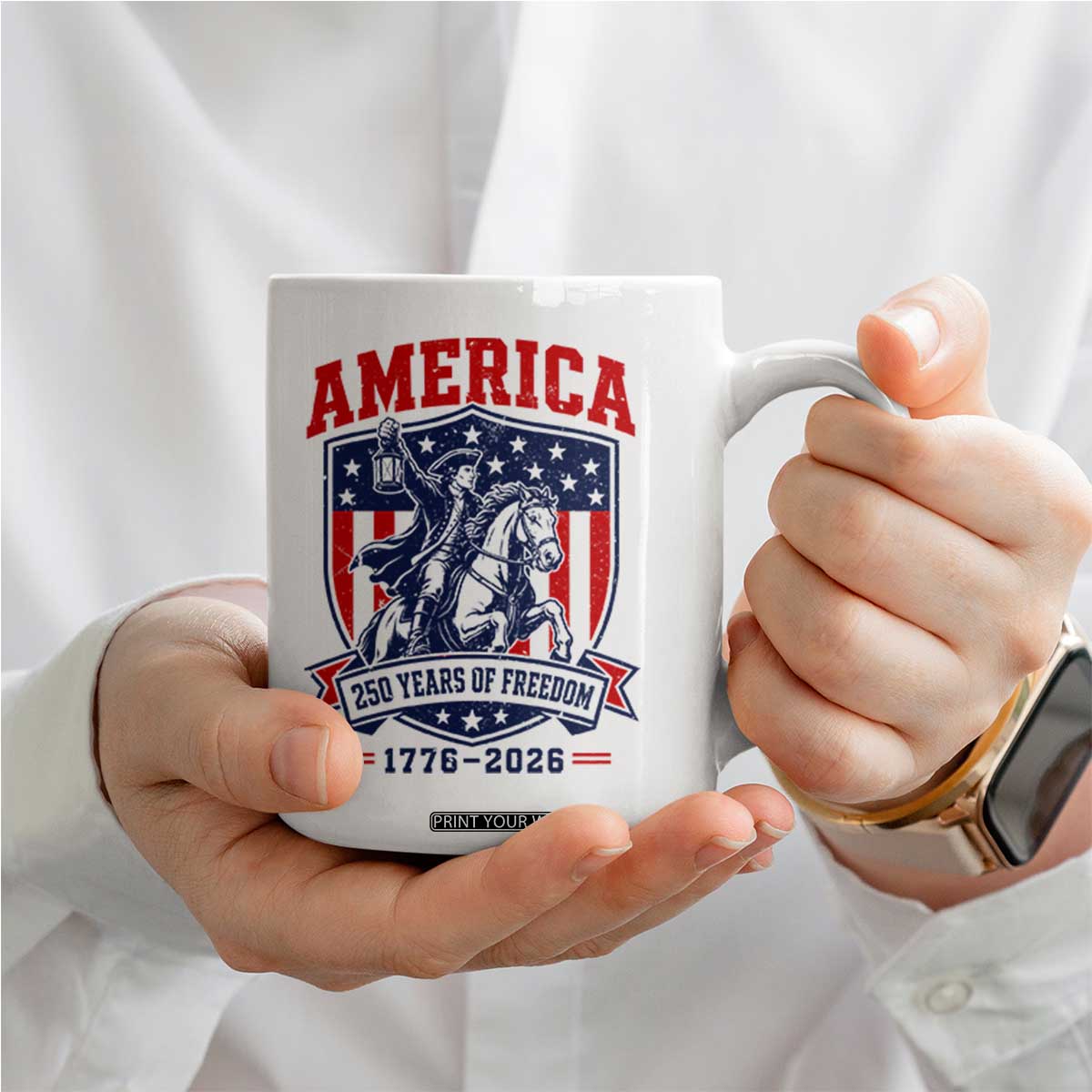 250 Years of Freedom Paul Revere Midnight Ride Coffee Mug Patriotic Historical Revolution American Flag Shield