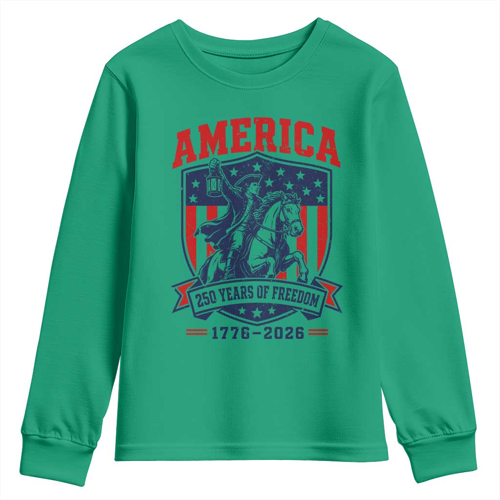 250 Years of Freedom Paul Revere Midnight Ride Youth Sweatshirt Patriotic Historical Revolution American Flag Shield