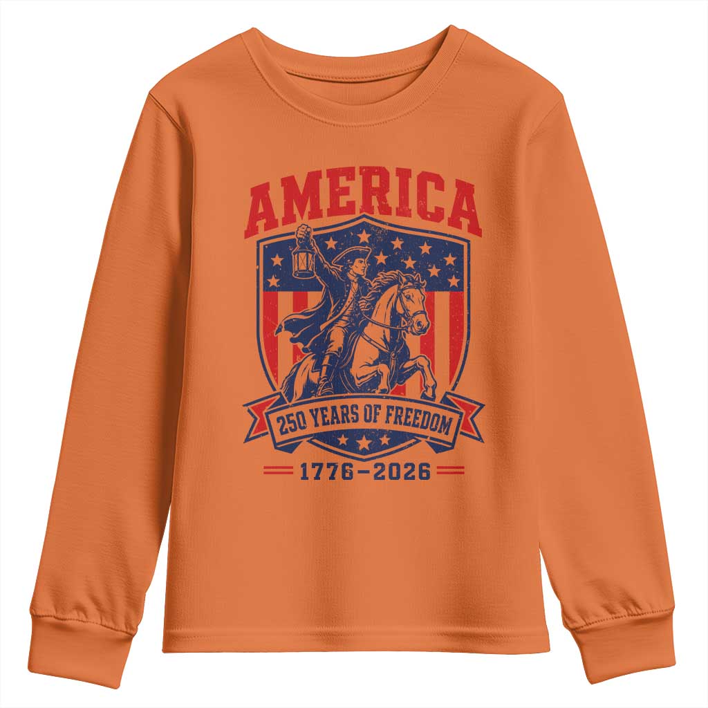 250 Years of Freedom Paul Revere Midnight Ride Youth Sweatshirt Patriotic Historical Revolution American Flag Shield