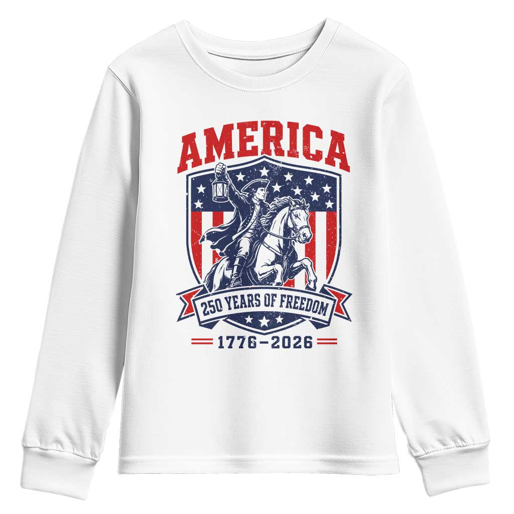 250 Years of Freedom Paul Revere Midnight Ride Youth Sweatshirt Patriotic Historical Revolution American Flag Shield TS02 White Print Your Wear