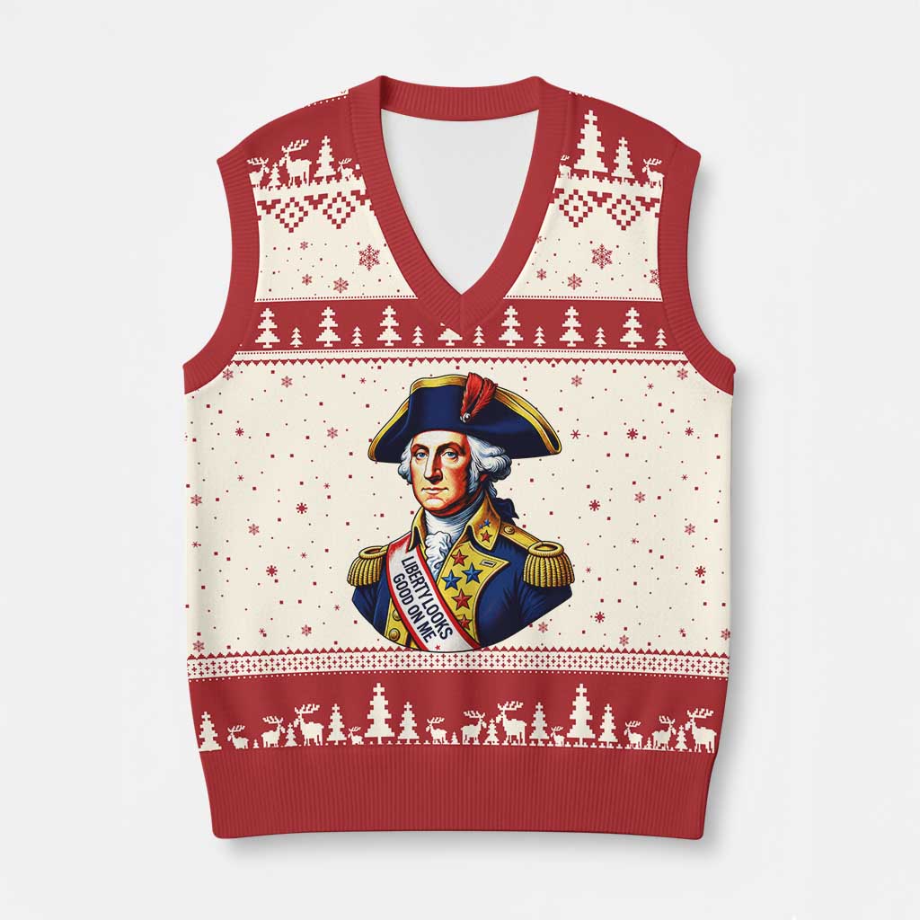 George Washington Patriotic History Graphic V-Neck Knit Sweater Vest Liberty Looks Good On Me 4th of July Founding Father Humor TS02 Beige Red Print Your Wear