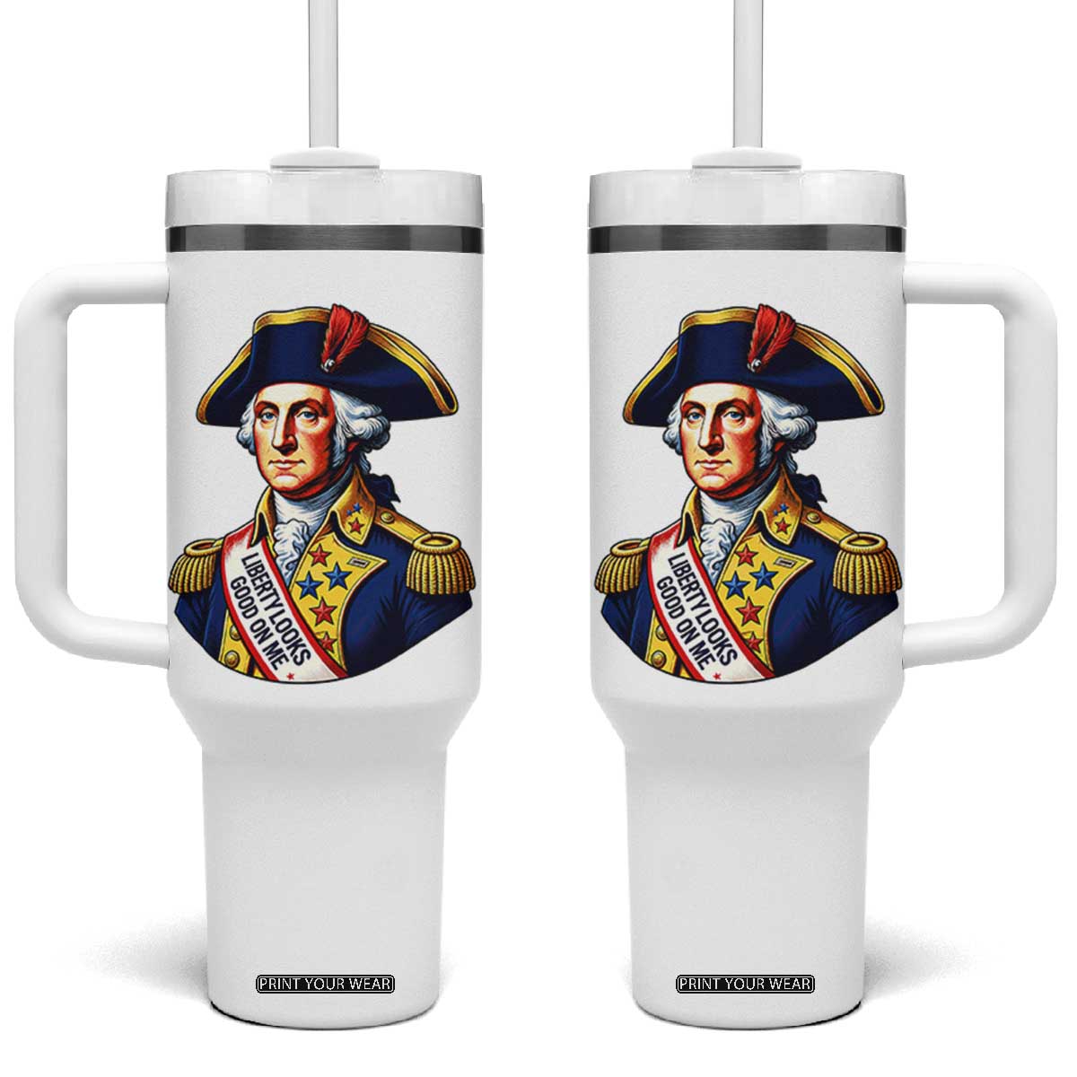 George Washington Patriotic History Graphic Tumbler With Handle Liberty Looks Good On Me 4th of July Founding Father Humor