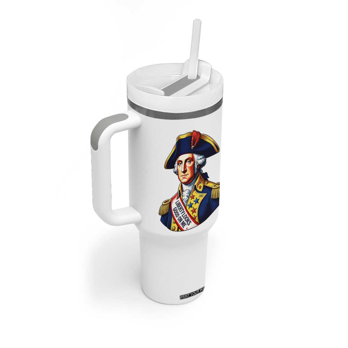 George Washington Patriotic History Graphic Tumbler With Handle Liberty Looks Good On Me 4th of July Founding Father Humor