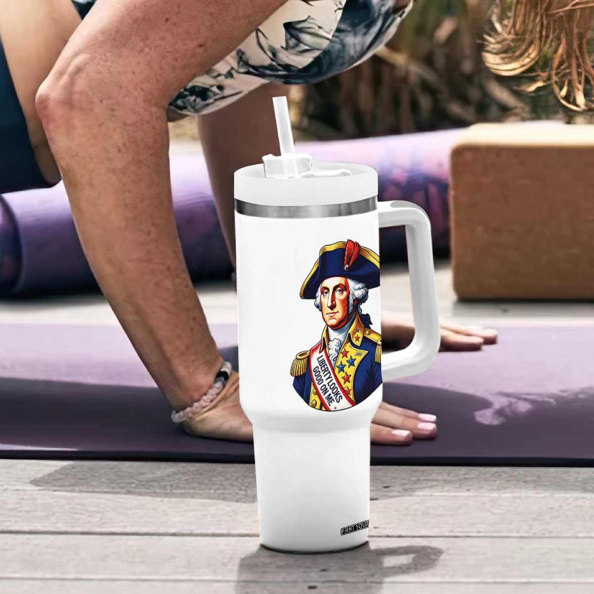 George Washington Patriotic History Graphic Tumbler With Handle Liberty Looks Good On Me 4th of July Founding Father Humor