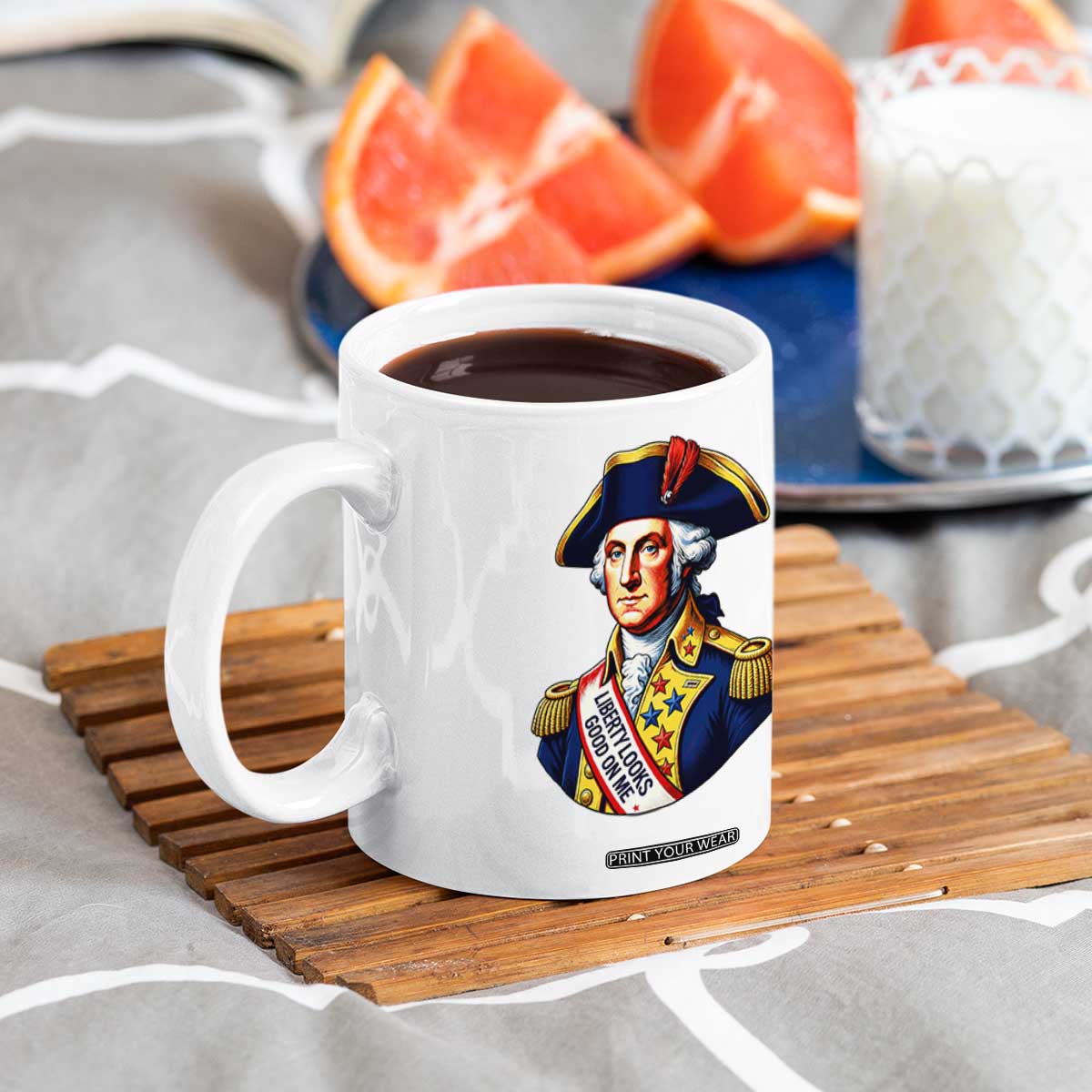 George Washington Patriotic History Graphic Coffee Mug Liberty Looks Good On Me 4th of July Founding Father Humor TS02 Print Your Wear