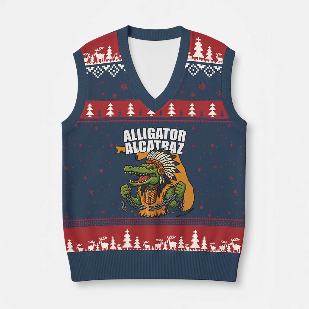 Native Alligator Alcatraz V-Neck Knit Sweater Vest Florida Gator Break The Chain TS02 Navy Red Print Your Wear