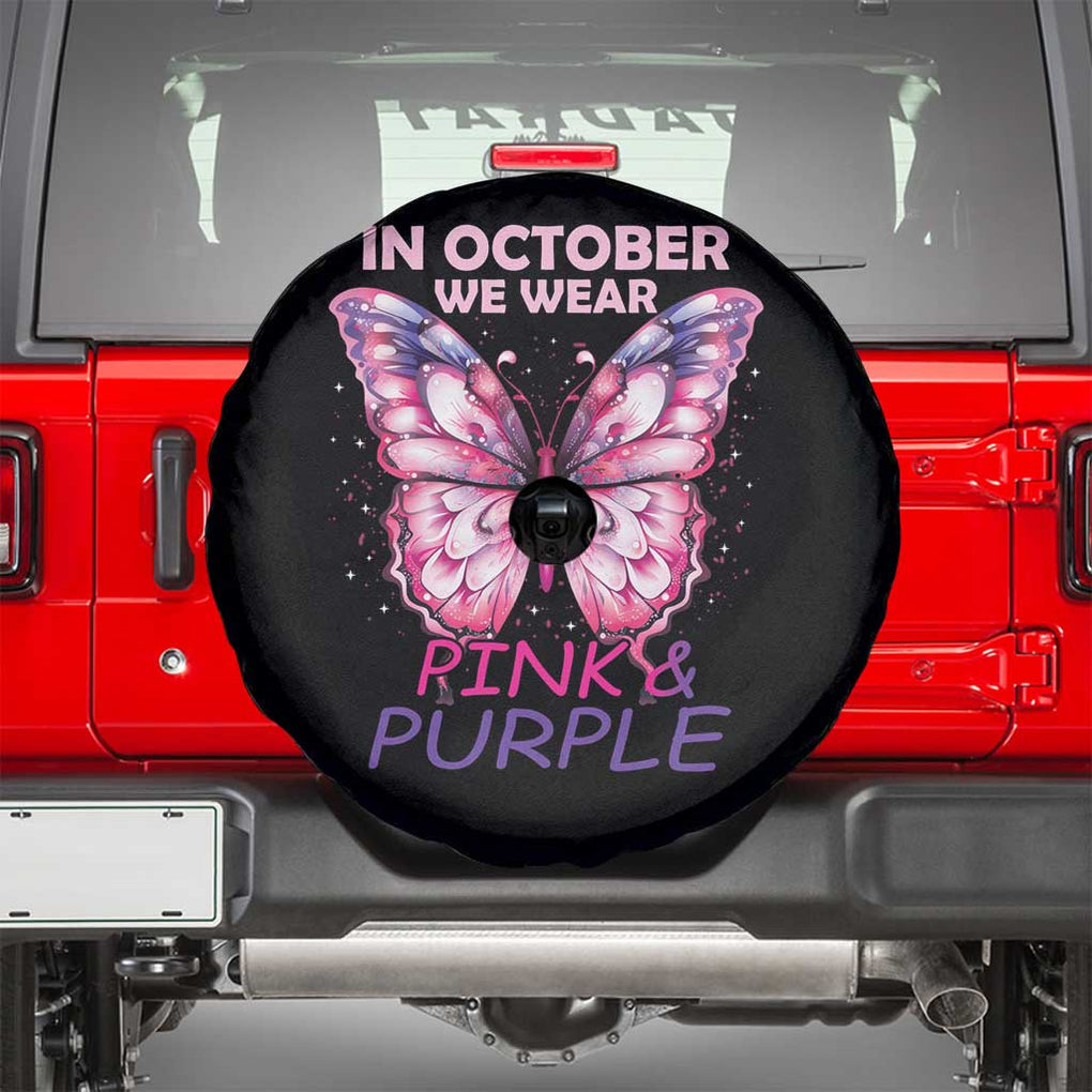 Breast Cancer And Domestic Violence Spare Tire Cover In October We Wear Pink and Purple Butterfly Support Squad TS02 Black Print Your Wear