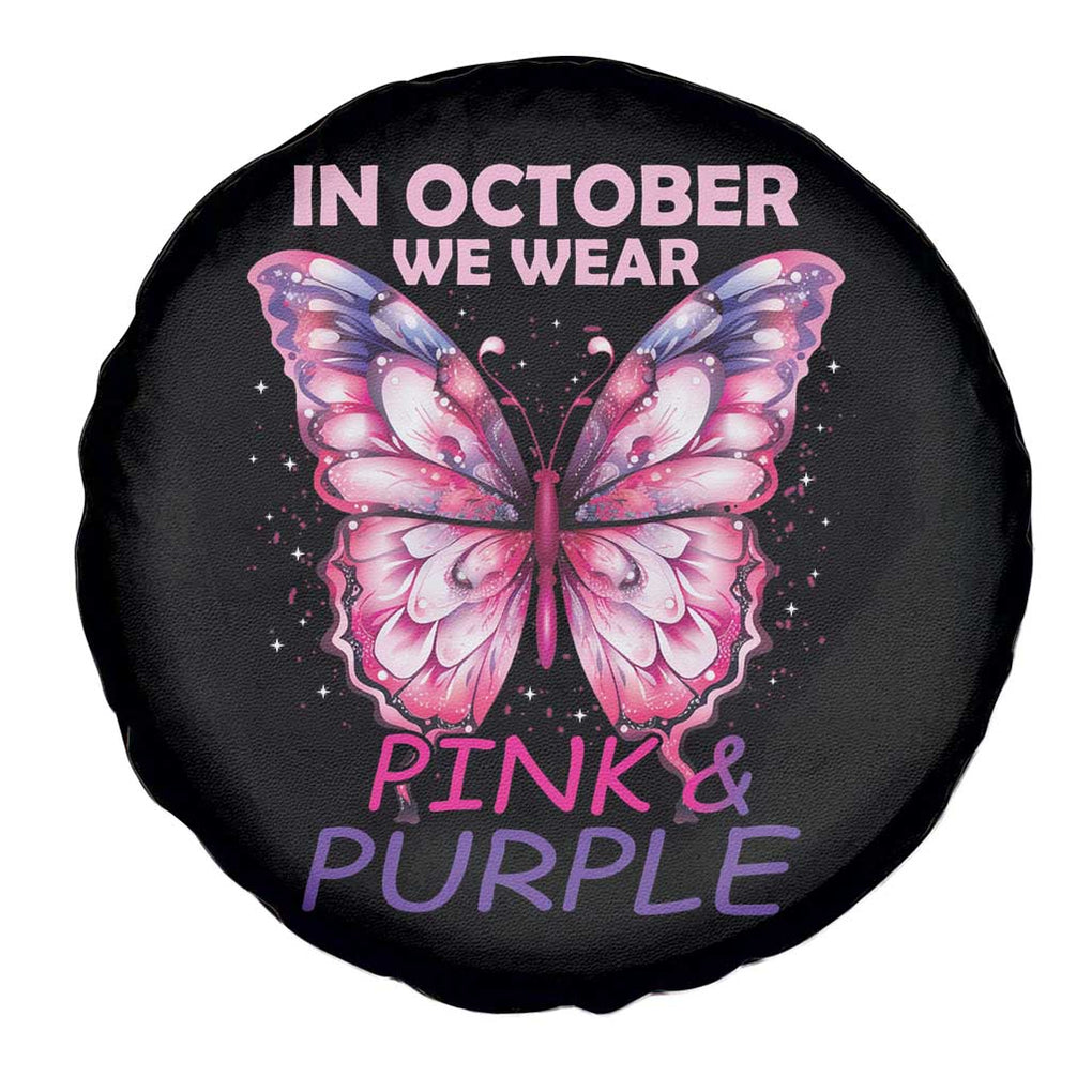 Breast Cancer And Domestic Violence Spare Tire Cover In October We Wear Pink and Purple Butterfly Support Squad TS02 Print Your Wear
