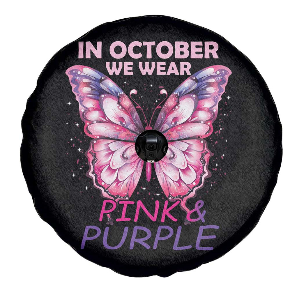 Breast Cancer And Domestic Violence Spare Tire Cover In October We Wear Pink and Purple Butterfly Support Squad TS02 Print Your Wear