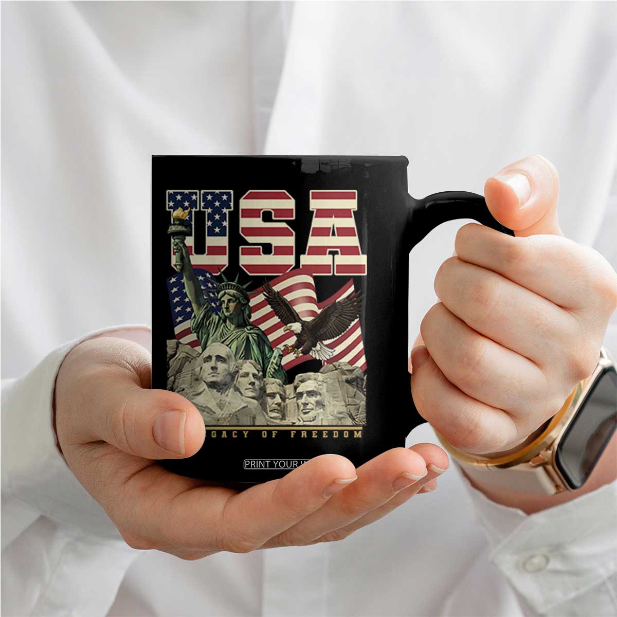 USA Legacy of Freedom Coffee Mug Patriotic Statue of Liberty Bald Eagle Mount Rushmore Graphic TS02 Print Your Wear