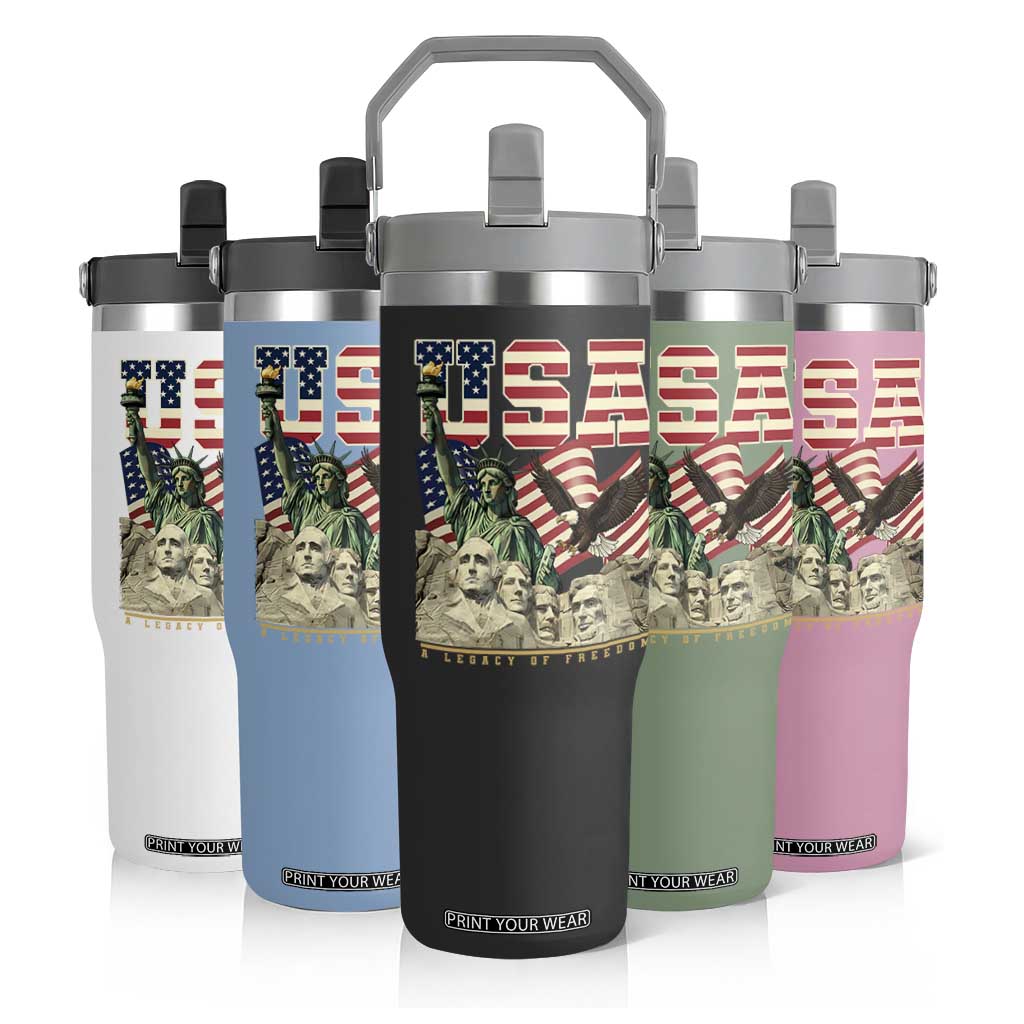 USA Legacy of Freedom Flip Straw Tumbler Patriotic Statue of Liberty Bald Eagle Mount Rushmore Graphic TS02 Print Your Wear