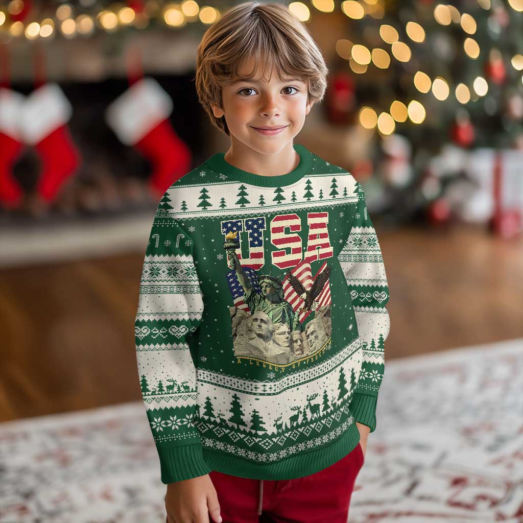 USA Legacy of Freedom Ugly Christmas Sweater Patriotic Statue of Liberty Bald Eagle Mount Rushmore Graphic TS02 Forest Green Beige Print Your Wear