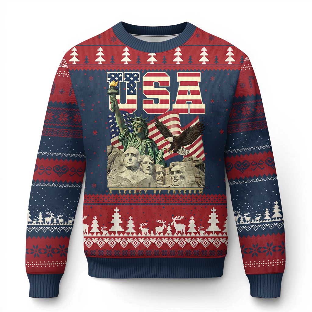 USA Legacy of Freedom Ugly Christmas Sweater Patriotic Statue of Liberty Bald Eagle Mount Rushmore Graphic TS02 Navy Red Print Your Wear
