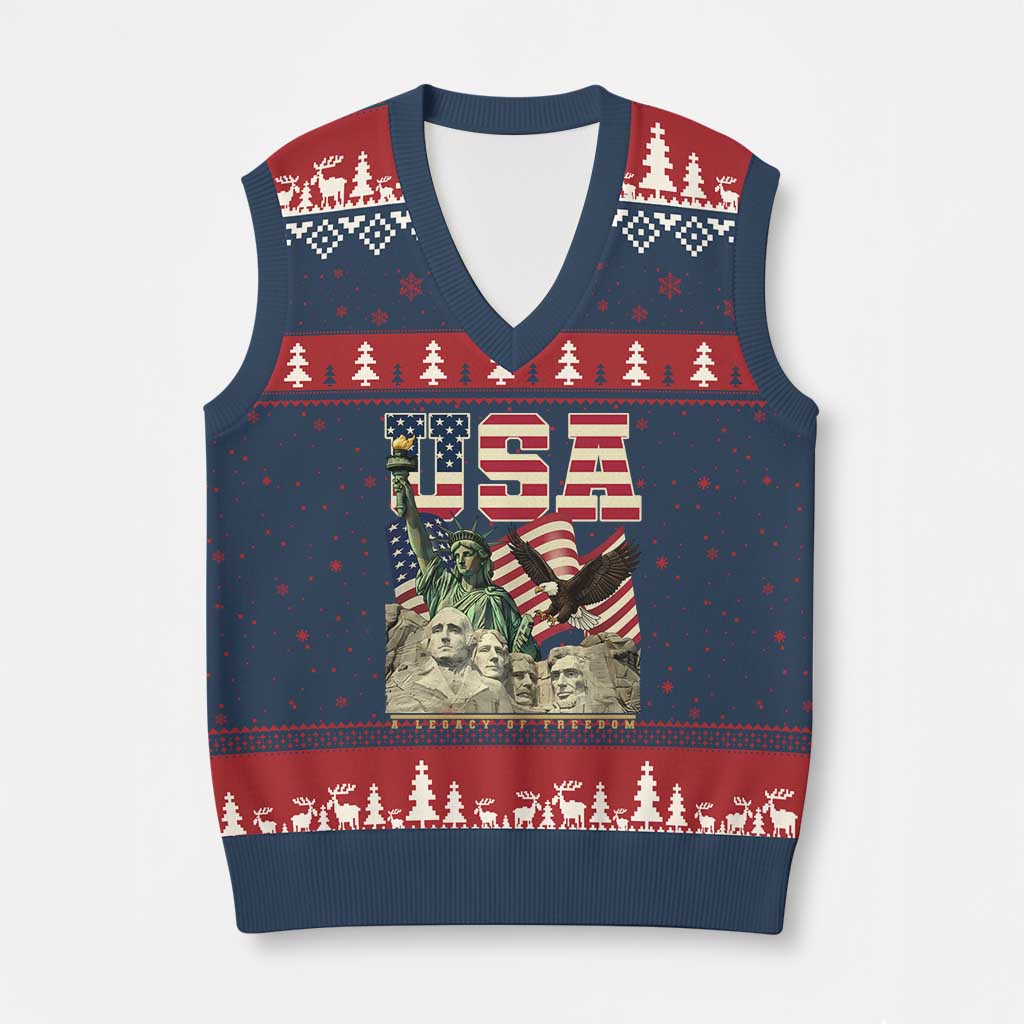 USA Legacy of Freedom V-Neck Knit Sweater Vest Patriotic Statue of Liberty Bald Eagle Mount Rushmore Graphic TS02 Navy Red Print Your Wear
