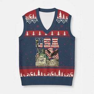 USA Legacy of Freedom V-Neck Knit Sweater Vest Patriotic Statue of Liberty Bald Eagle Mount Rushmore Graphic TS02 Navy Red Print Your Wear