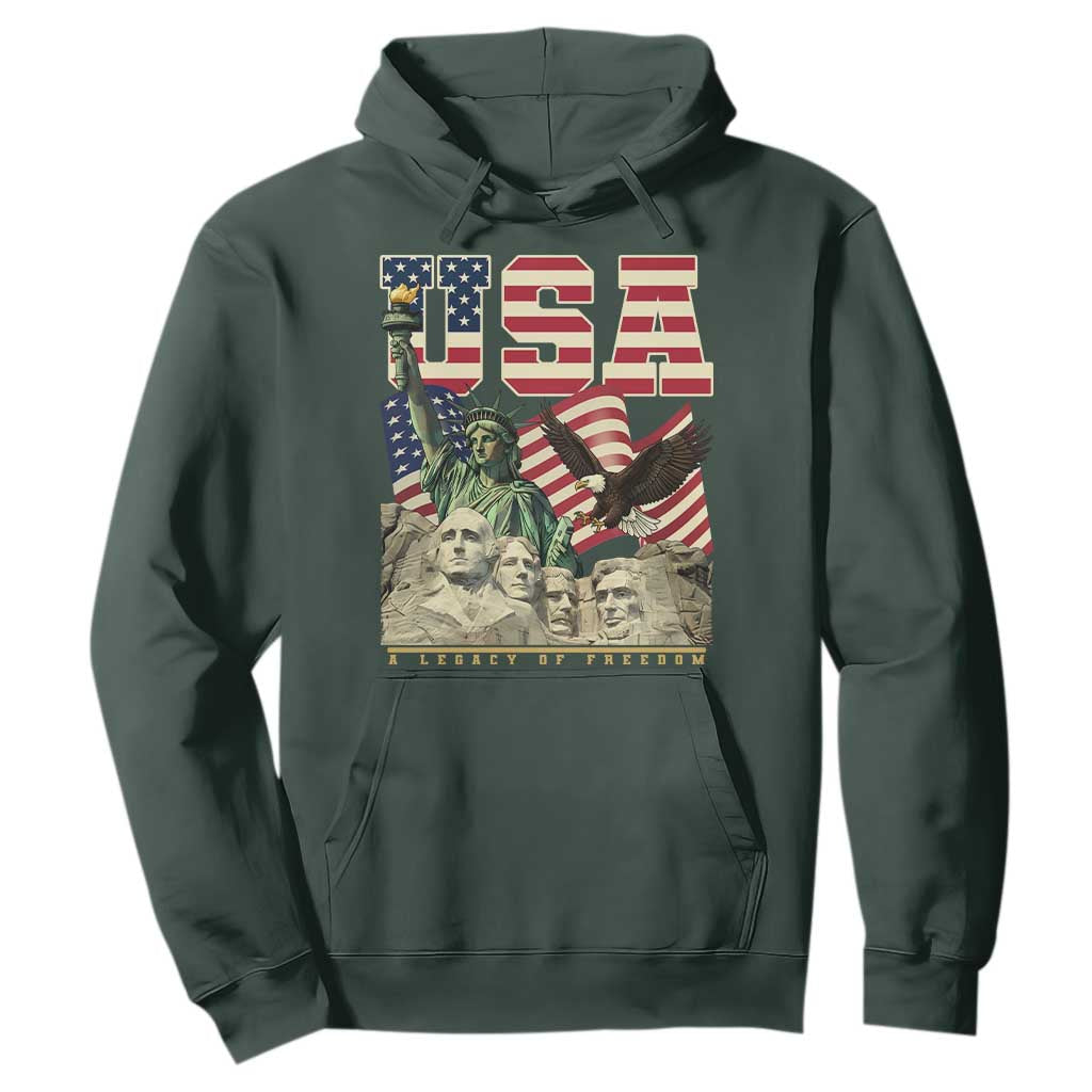 USA Legacy of Freedom Hoodie Patriotic Statue of Liberty Bald Eagle Mount Rushmore Graphic TS02 Dark Forest Green Print Your Wear