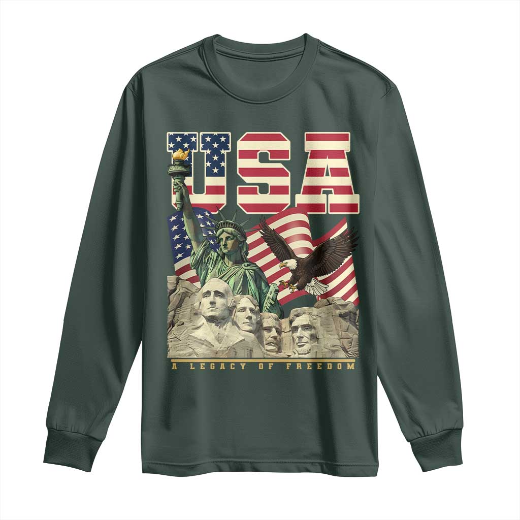 USA Legacy of Freedom Long Sleeve Shirt Patriotic Statue of Liberty Bald Eagle Mount Rushmore Graphic TS02 Dark Forest Green Print Your Wear