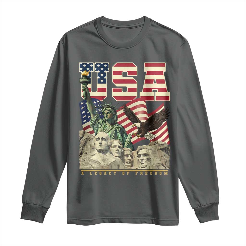 USA Legacy of Freedom Long Sleeve Shirt Patriotic Statue of Liberty Bald Eagle Mount Rushmore Graphic TS02 Dark Heather Print Your Wear