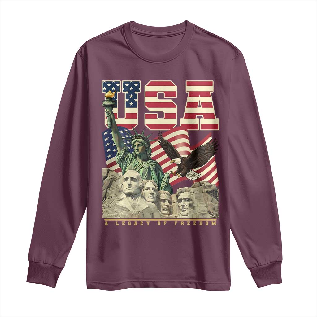 USA Legacy of Freedom Long Sleeve Shirt Patriotic Statue of Liberty Bald Eagle Mount Rushmore Graphic TS02 Maroon Print Your Wear