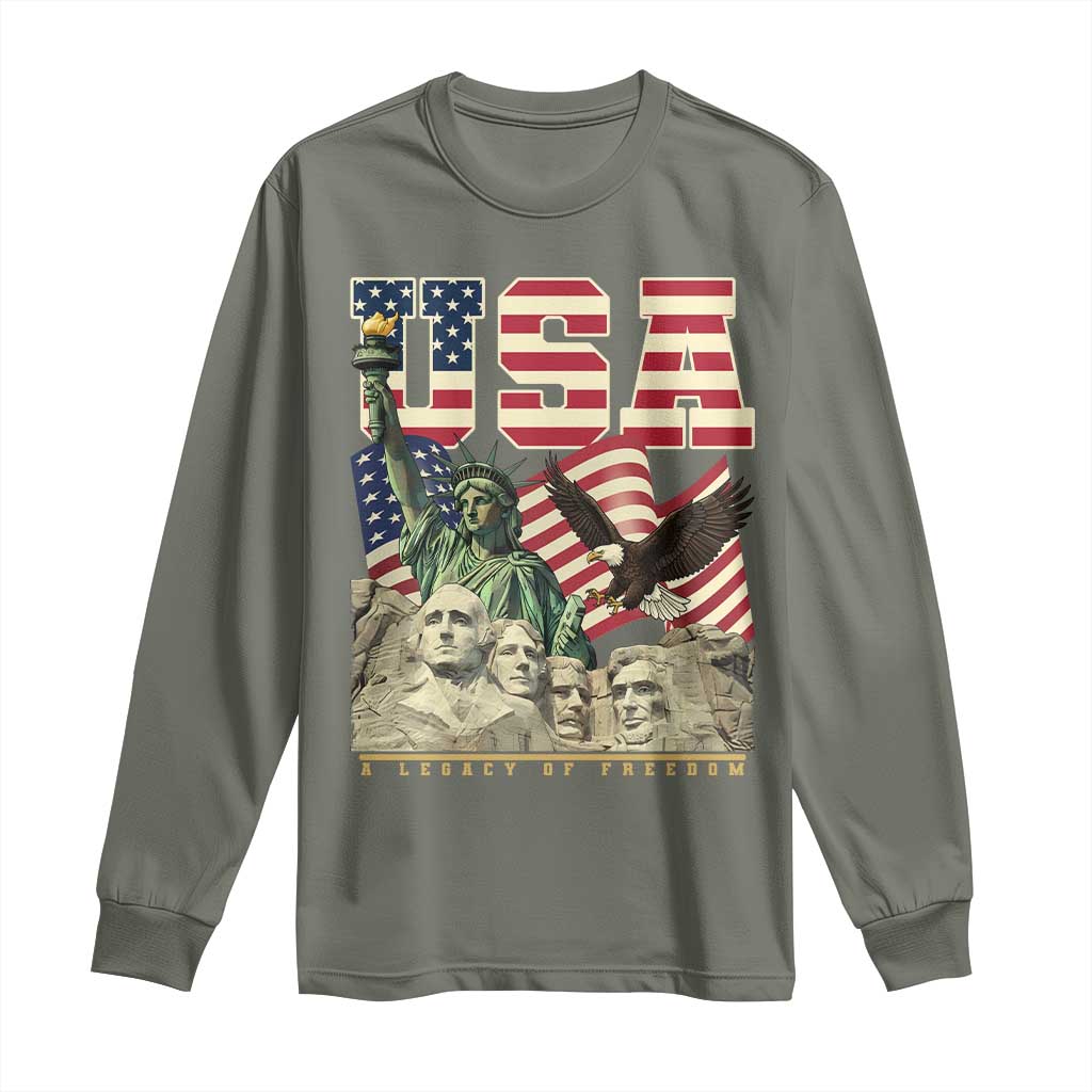 USA Legacy of Freedom Long Sleeve Shirt Patriotic Statue of Liberty Bald Eagle Mount Rushmore Graphic TS02 Military Green Print Your Wear