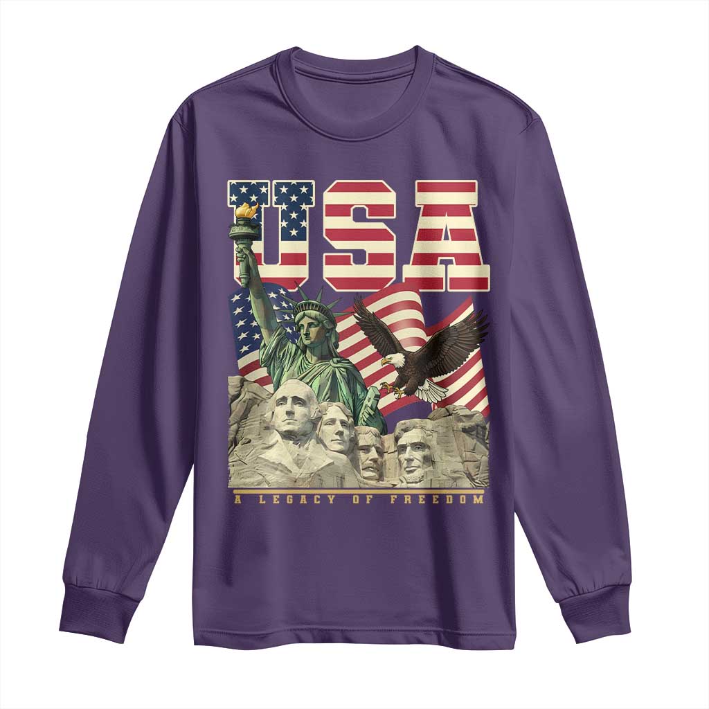 USA Legacy of Freedom Long Sleeve Shirt Patriotic Statue of Liberty Bald Eagle Mount Rushmore Graphic TS02 Purple Print Your Wear