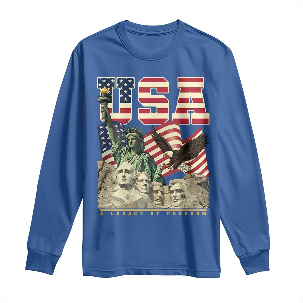 USA Legacy of Freedom Long Sleeve Shirt Patriotic Statue of Liberty Bald Eagle Mount Rushmore Graphic TS02 Royal Blue Print Your Wear