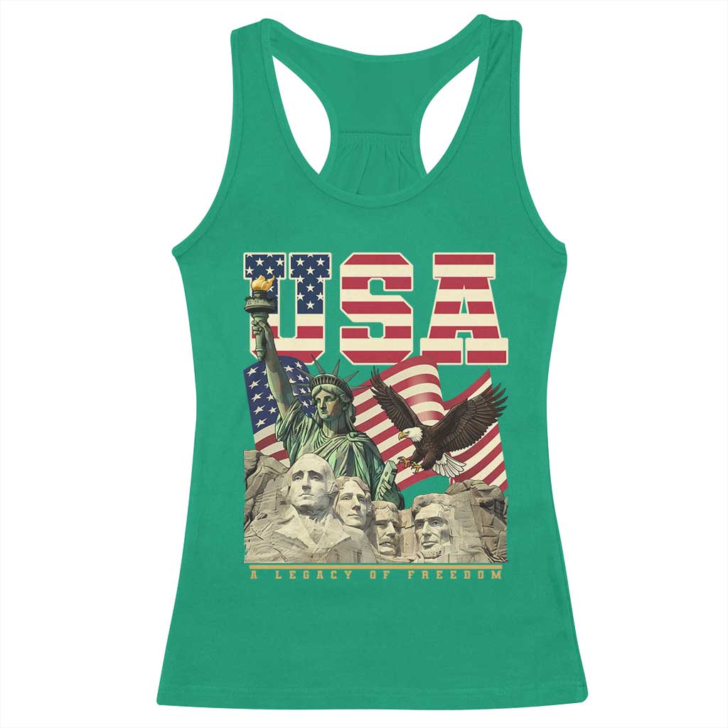 USA Legacy of Freedom Racerback Tank Top Patriotic Statue of Liberty Bald Eagle Mount Rushmore Graphic TS02 Irish Green Print Your Wear