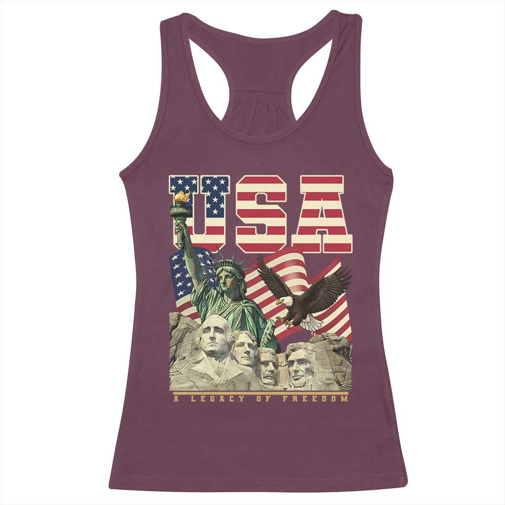 USA Legacy of Freedom Racerback Tank Top Patriotic Statue of Liberty Bald Eagle Mount Rushmore Graphic TS02 Maroon Print Your Wear
