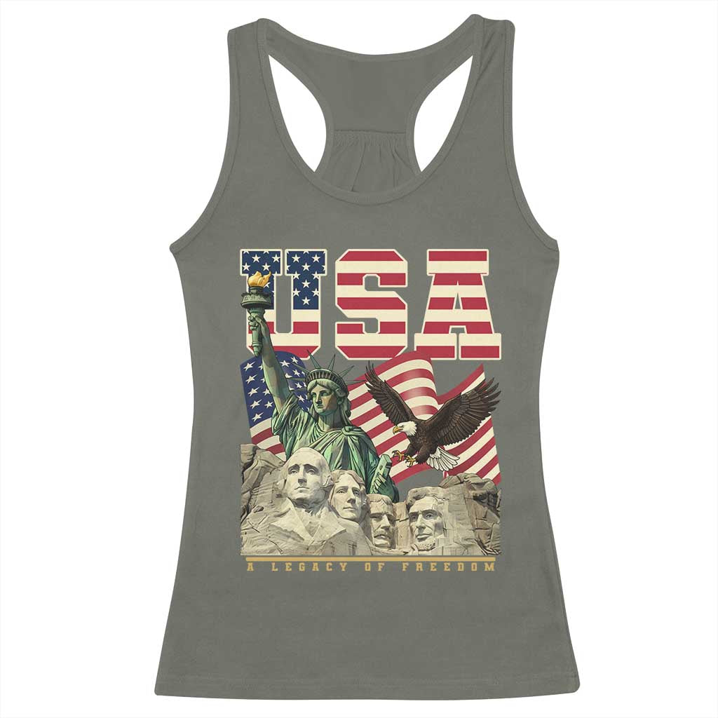 USA Legacy of Freedom Racerback Tank Top Patriotic Statue of Liberty Bald Eagle Mount Rushmore Graphic TS02 Military Green Print Your Wear