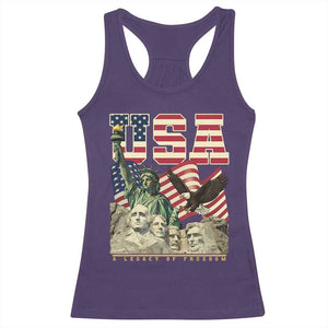 USA Legacy of Freedom Racerback Tank Top Patriotic Statue of Liberty Bald Eagle Mount Rushmore Graphic TS02 Purple Print Your Wear