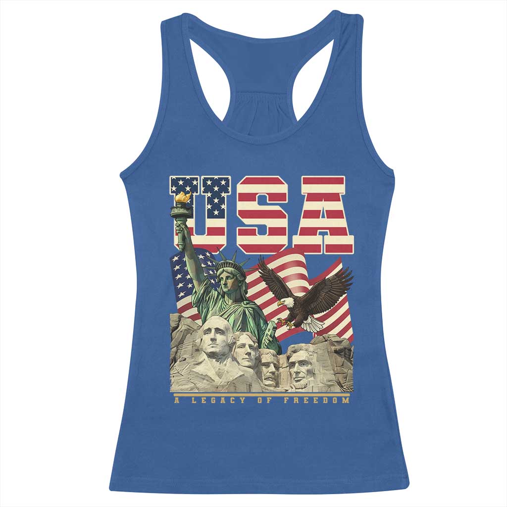 USA Legacy of Freedom Racerback Tank Top Patriotic Statue of Liberty Bald Eagle Mount Rushmore Graphic TS02 Royal Blue Print Your Wear