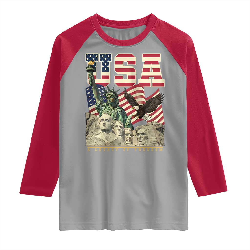 USA Legacy of Freedom Raglan Shirt Patriotic Statue of Liberty Bald Eagle Mount Rushmore Graphic TS02 Sport Gray Red Print Your Wear