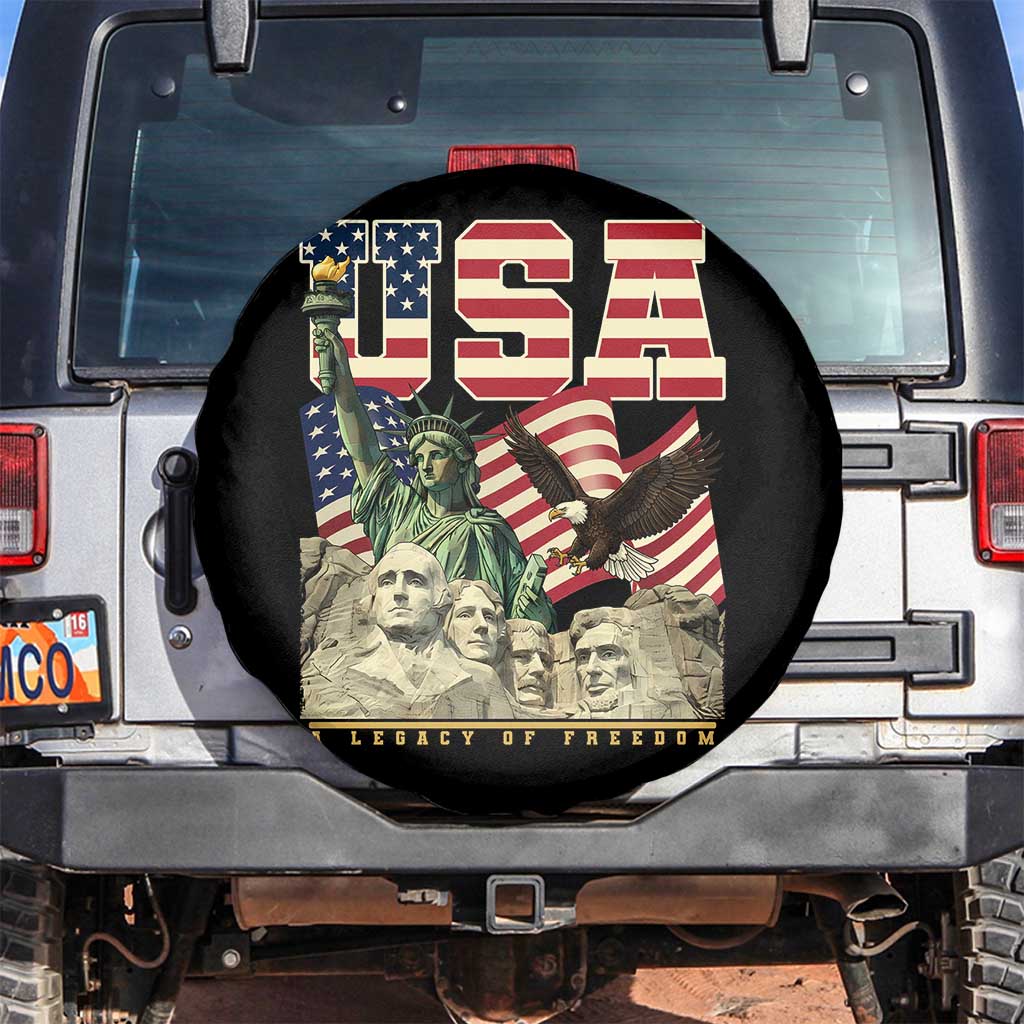 USA Legacy of Freedom Spare Tire Cover Patriotic Statue of Liberty Bald Eagle Mount Rushmore Graphic TS02 No hole Black Print Your Wear