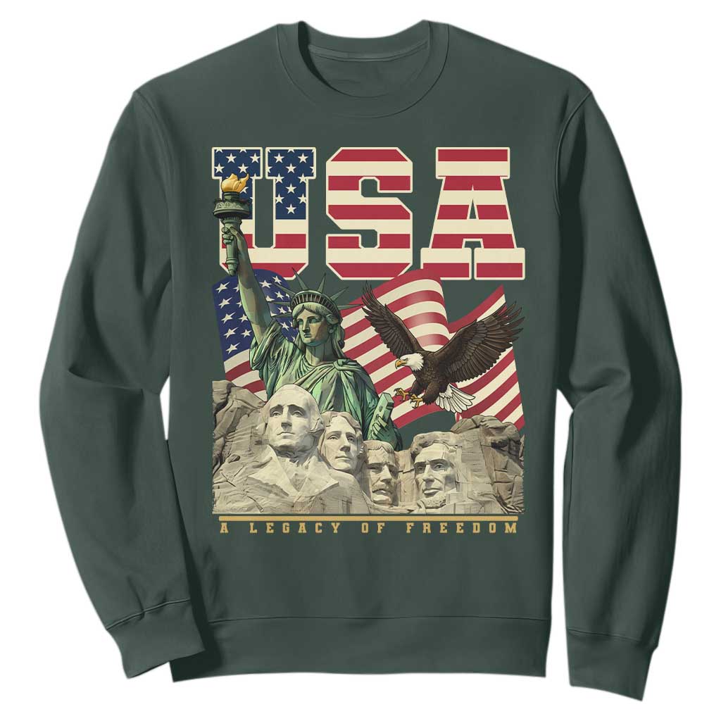 USA Legacy of Freedom Sweatshirt Patriotic Statue of Liberty Bald Eagle Mount Rushmore Graphic TS02 Dark Forest Green Print Your Wear