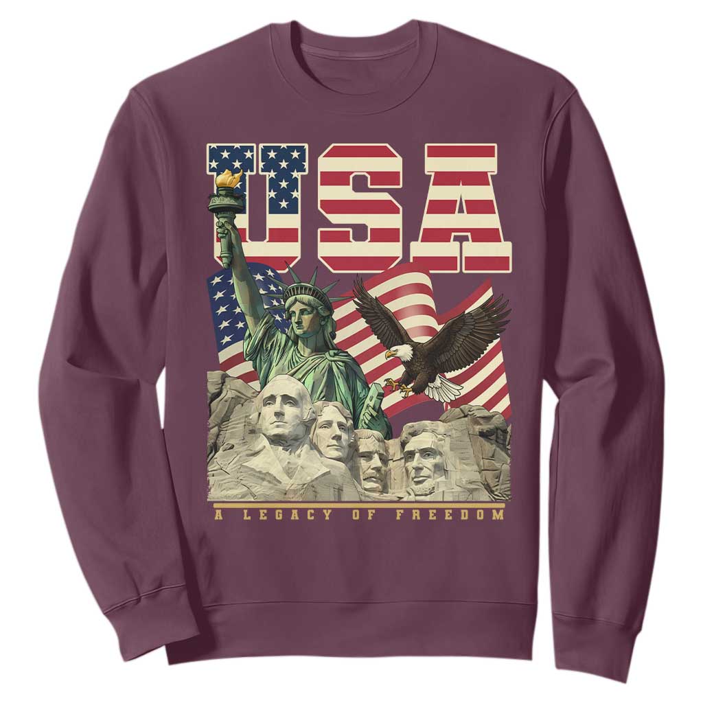 USA Legacy of Freedom Sweatshirt Patriotic Statue of Liberty Bald Eagle Mount Rushmore Graphic TS02 Maroon Print Your Wear