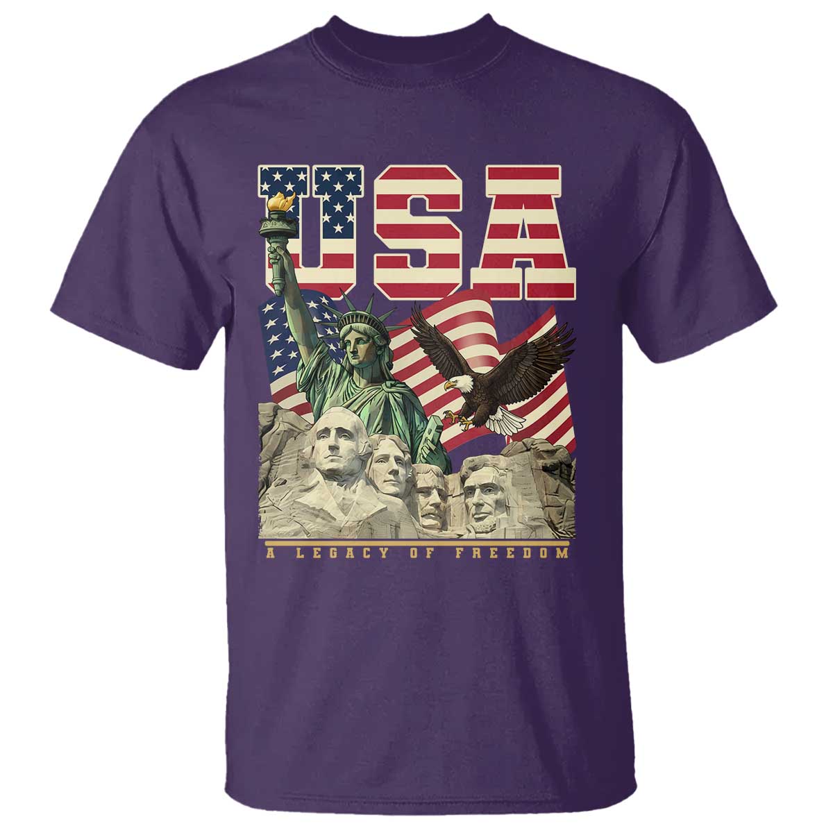 USA Legacy of Freedom T Shirt Patriotic Statue of Liberty Bald Eagle Mount Rushmore Graphic TS02 Purple Print Your Wear