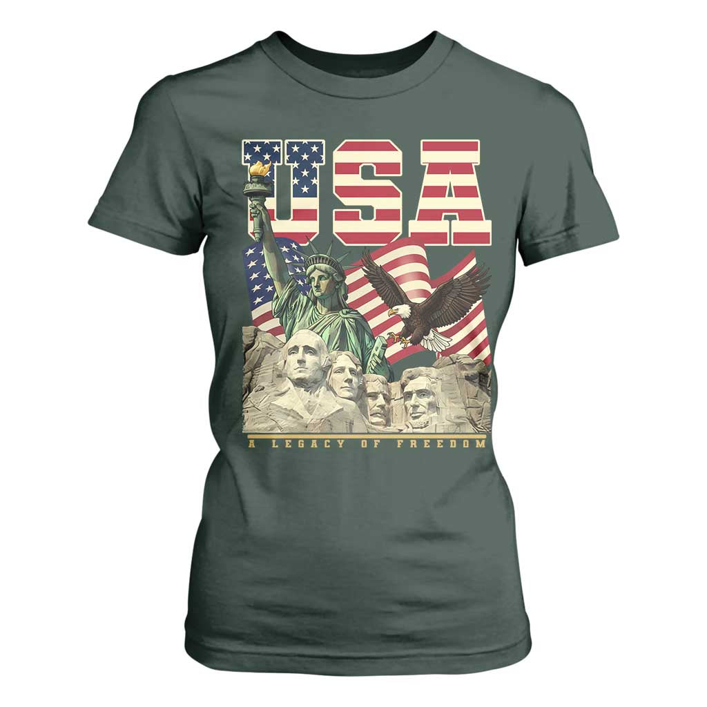 USA Legacy of Freedom T Shirt For Women Patriotic Statue of Liberty Bald Eagle Mount Rushmore Graphic TS02 Dark Forest Green Print Your Wear