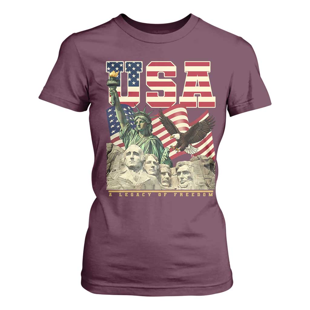 USA Legacy of Freedom T Shirt For Women Patriotic Statue of Liberty Bald Eagle Mount Rushmore Graphic TS02 Maroon Print Your Wear
