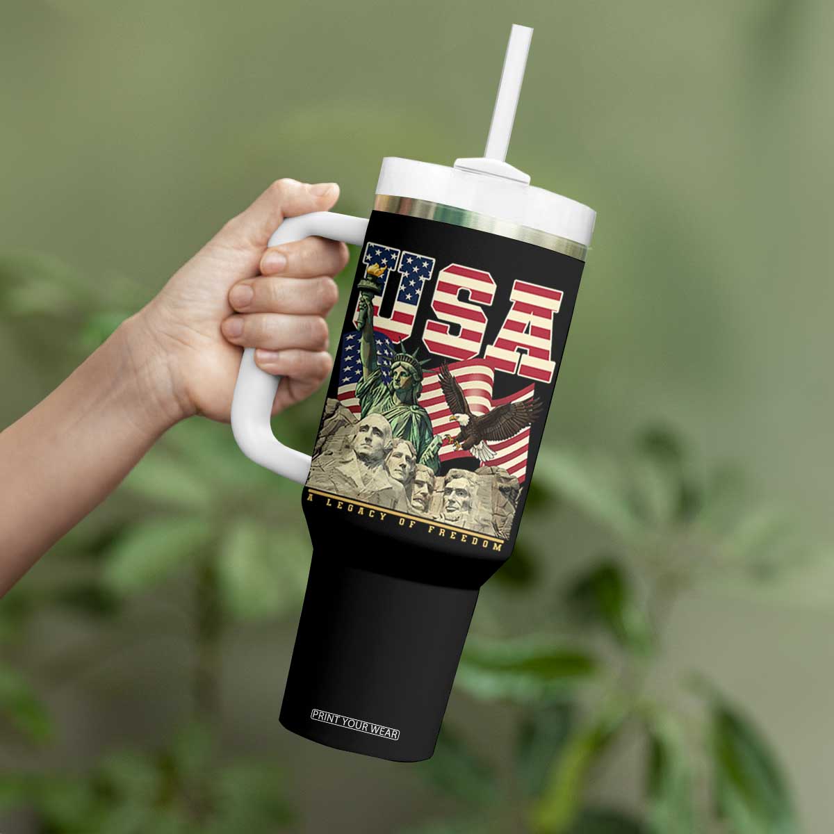 USA Legacy of Freedom Tumbler With Handle Patriotic Statue of Liberty Bald Eagle Mount Rushmore Graphic TS02 Print Your Wear