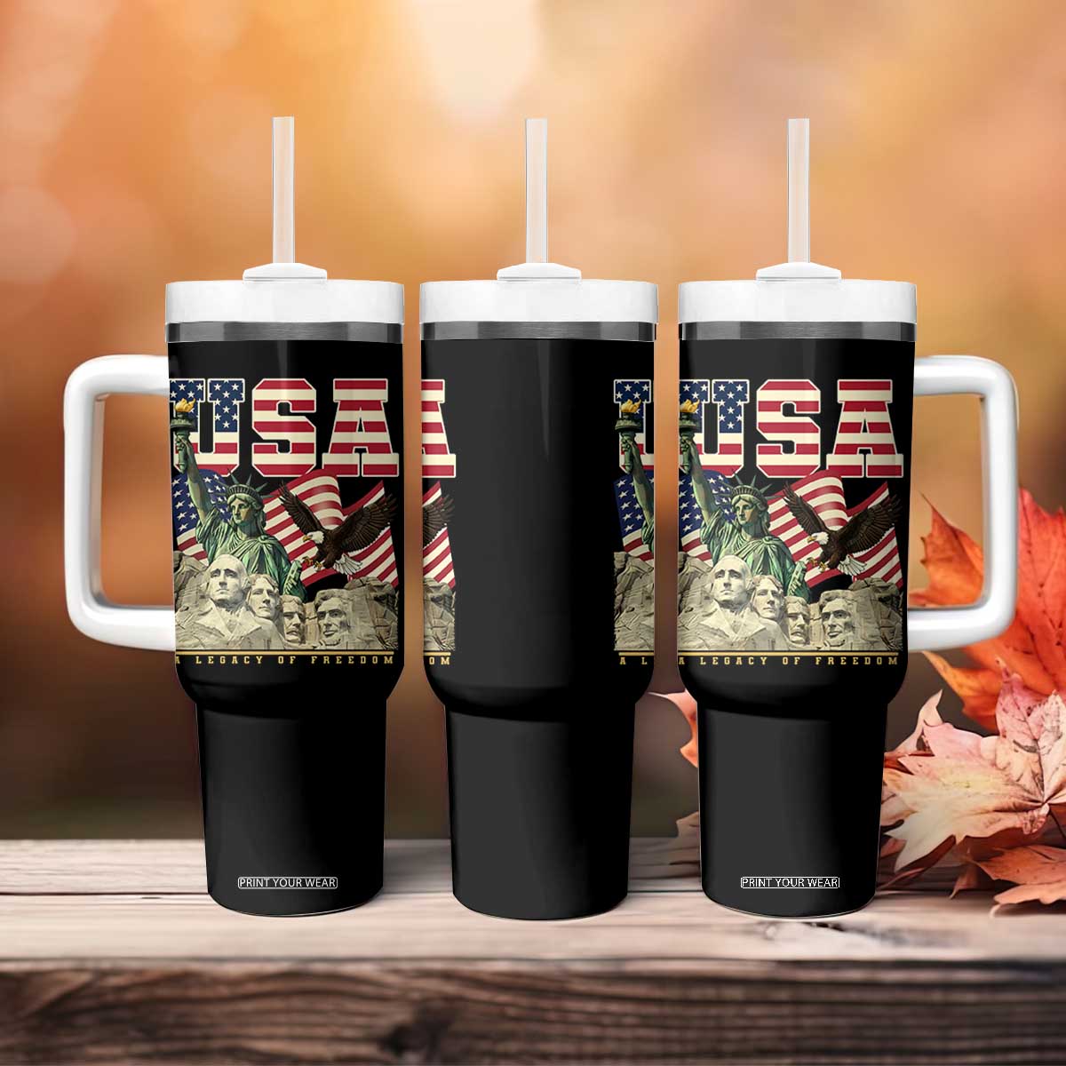 USA Legacy of Freedom Tumbler With Handle Patriotic Statue of Liberty Bald Eagle Mount Rushmore Graphic TS02 Print Your Wear