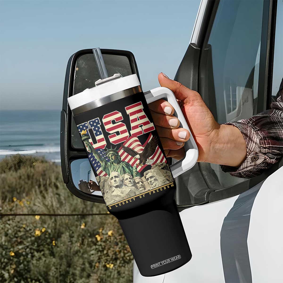 USA Legacy of Freedom Tumbler With Handle Patriotic Statue of Liberty Bald Eagle Mount Rushmore Graphic TS02 Print Your Wear