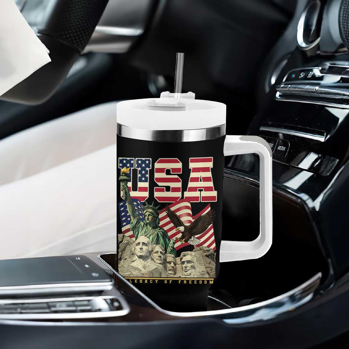 USA Legacy of Freedom Tumbler With Handle Patriotic Statue of Liberty Bald Eagle Mount Rushmore Graphic TS02 Print Your Wear