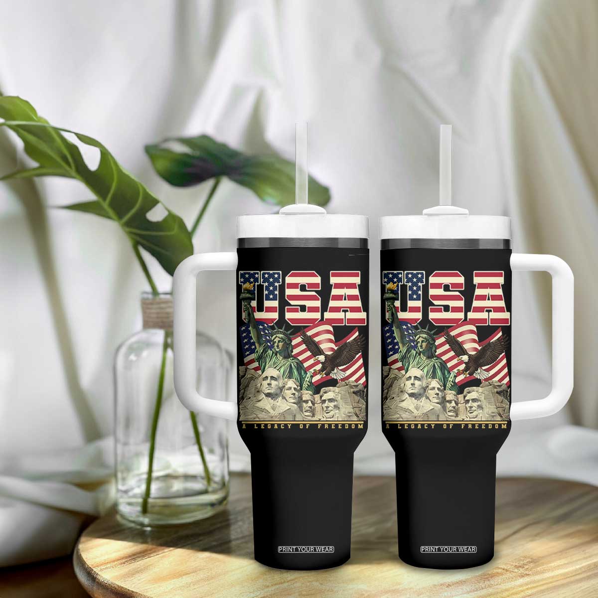 USA Legacy of Freedom Tumbler With Handle Patriotic Statue of Liberty Bald Eagle Mount Rushmore Graphic TS02 Print Your Wear