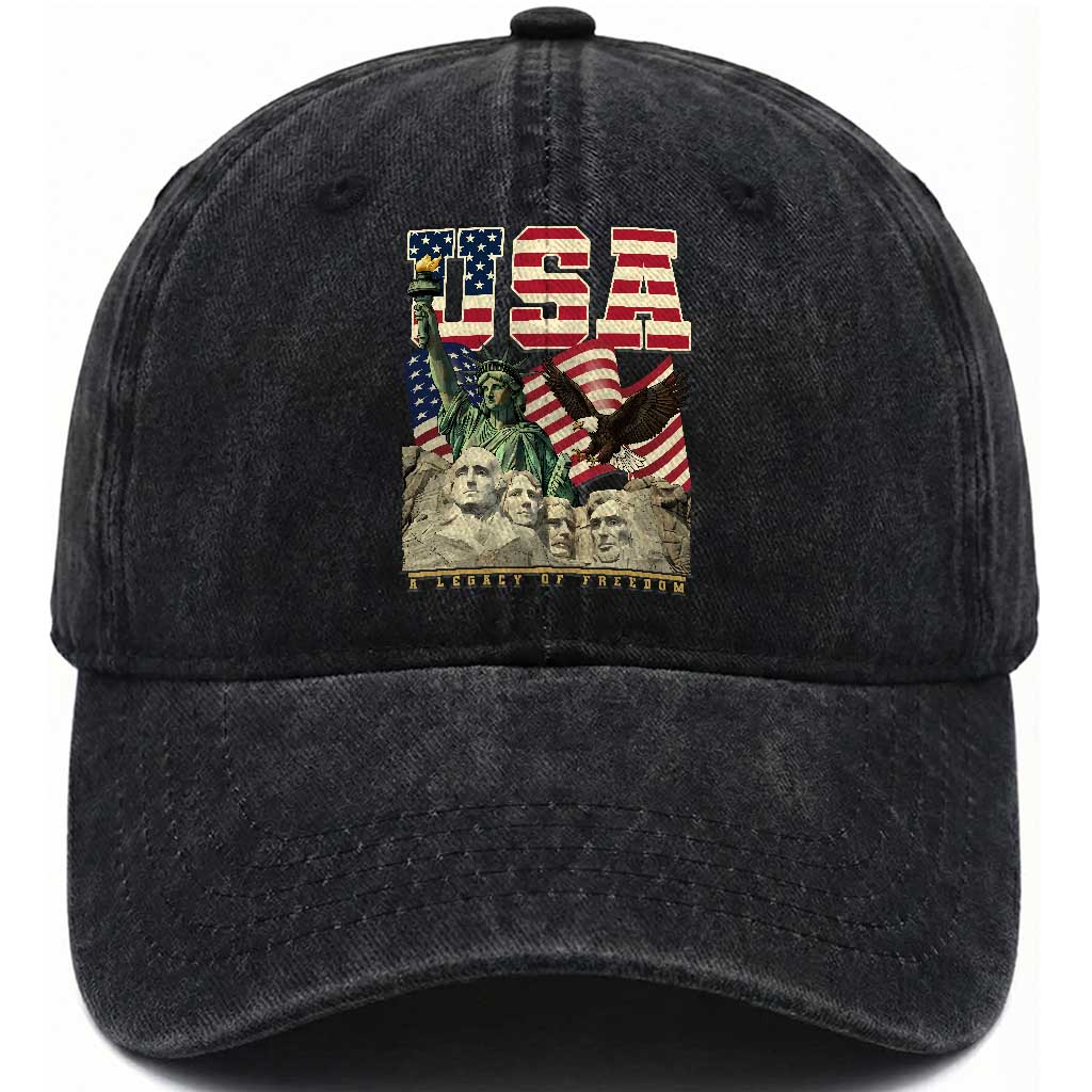 USA Legacy of Freedom Washed Cotton Baseball Cap Patriotic Statue of Liberty Bald Eagle Mount Rushmore Graphic TS02 Washed Cap Universal Fit Black Print Your Wear
