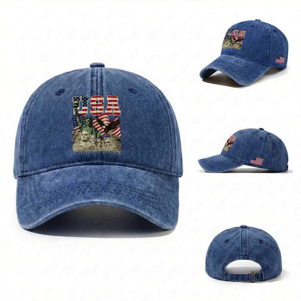 USA Legacy of Freedom Washed Cotton Baseball Cap Patriotic Statue of Liberty Bald Eagle Mount Rushmore Graphic TS02 Washed Cap Universal Fit Royal Blue Print Your Wear